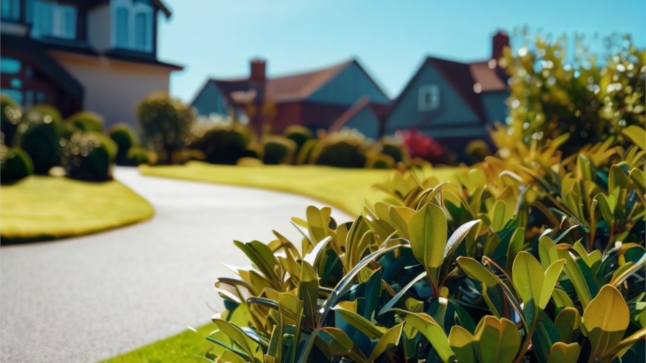 A laurel bush in front a lovely showhome set on a great position on top of a hill.