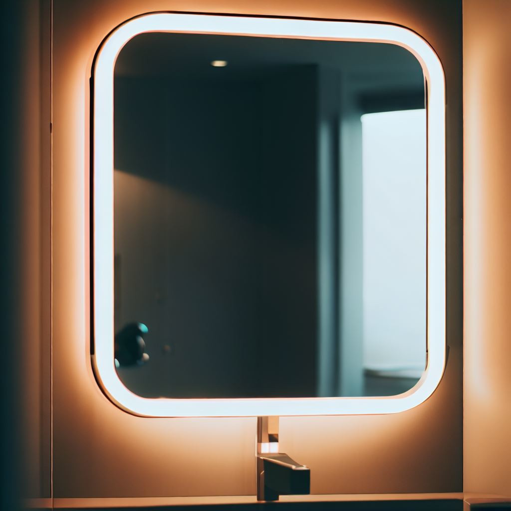 An LED lit bathroom mirror