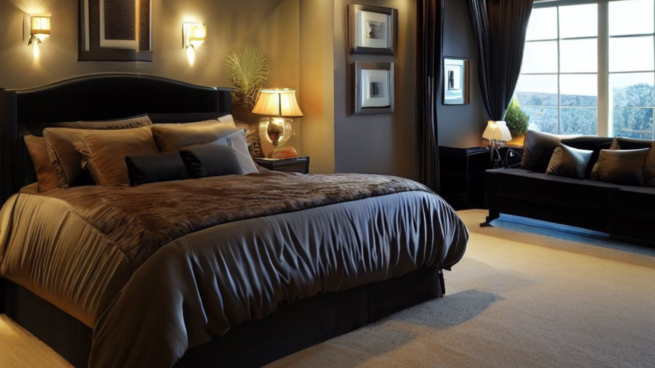 Master bedroom suite in grey showing the furnishings.