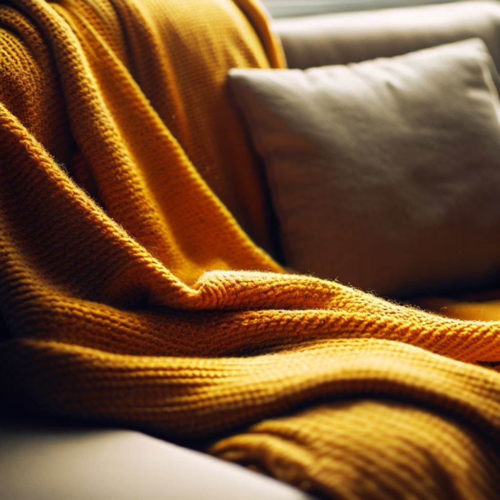 mustard throw on a sofa