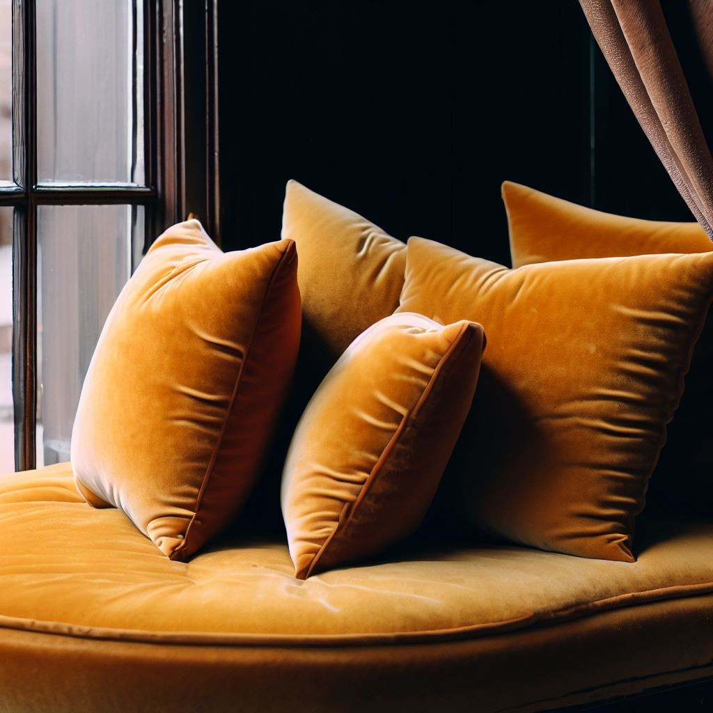 plush mustard velvet cushions on a window seat