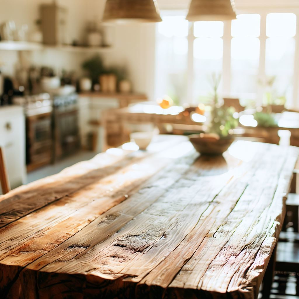 reclaimed wooden table in a kitchen
