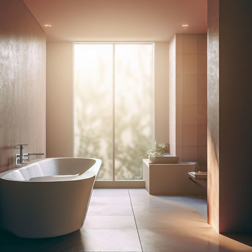 A well lit bathroom with a large window