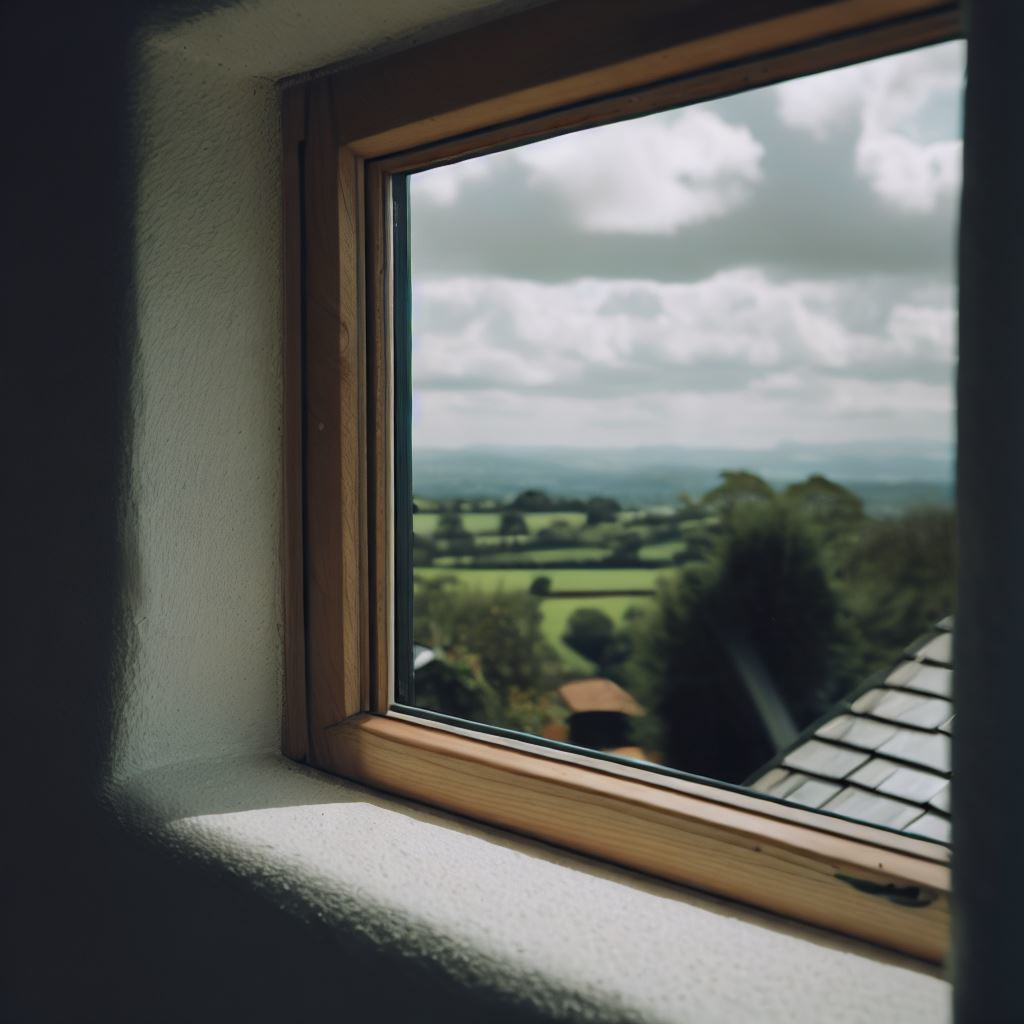 A window with a wooden frame overlooking the moors