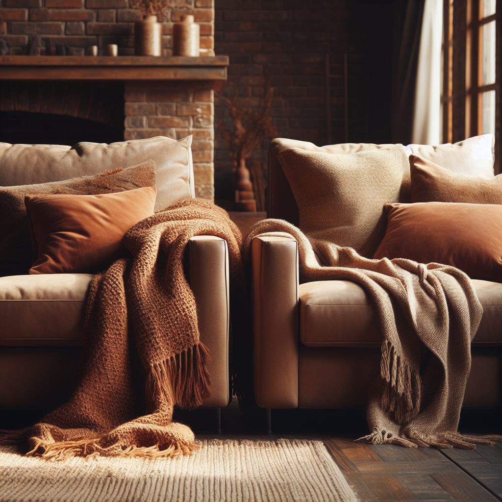Two sofas together with comfortable throws