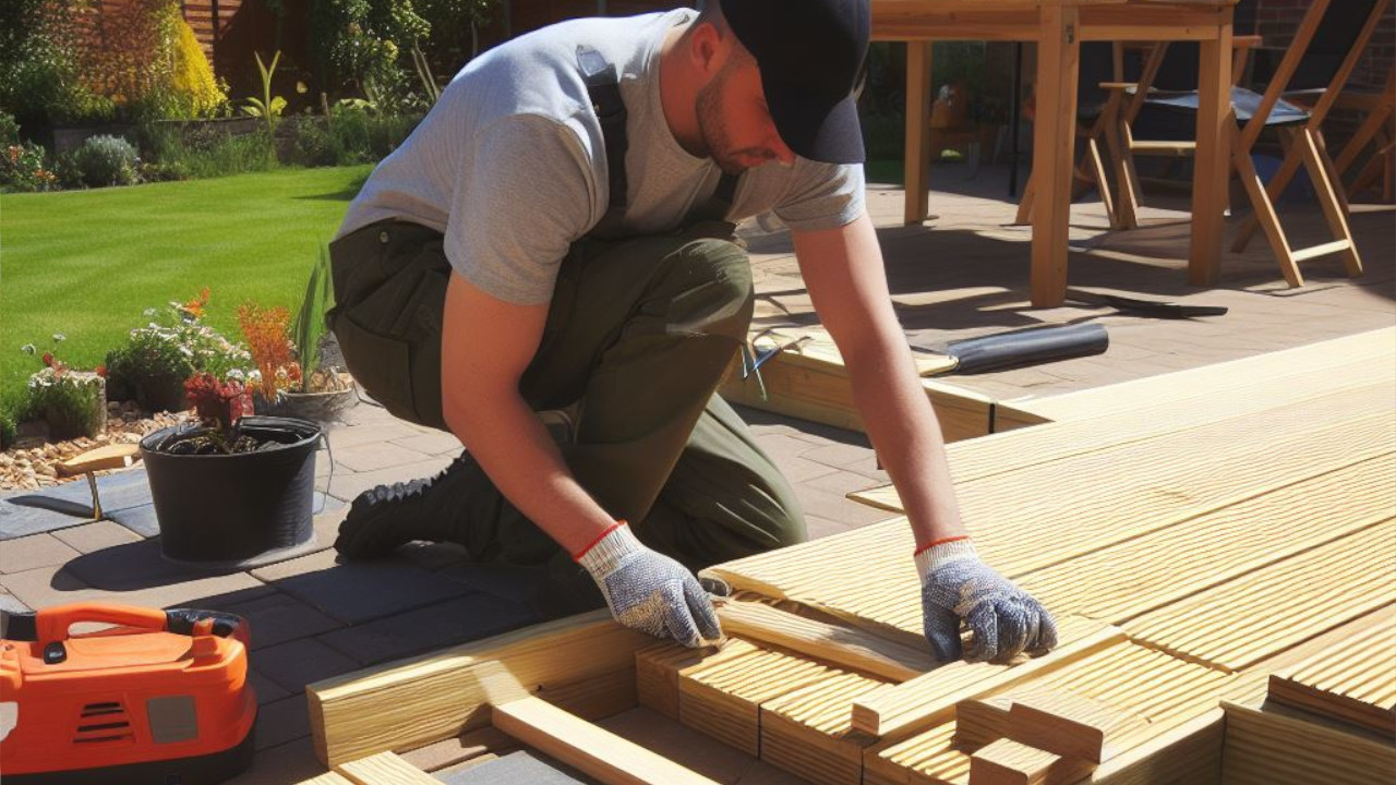 A carpenter in a back garden in warrington kneeling down with gloves and a hat laying some wooden decking on sunnay day.