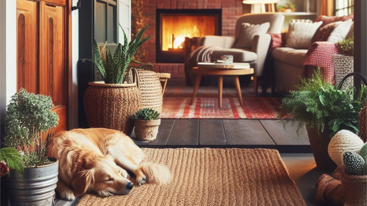 A dog lying beside a door on a rug