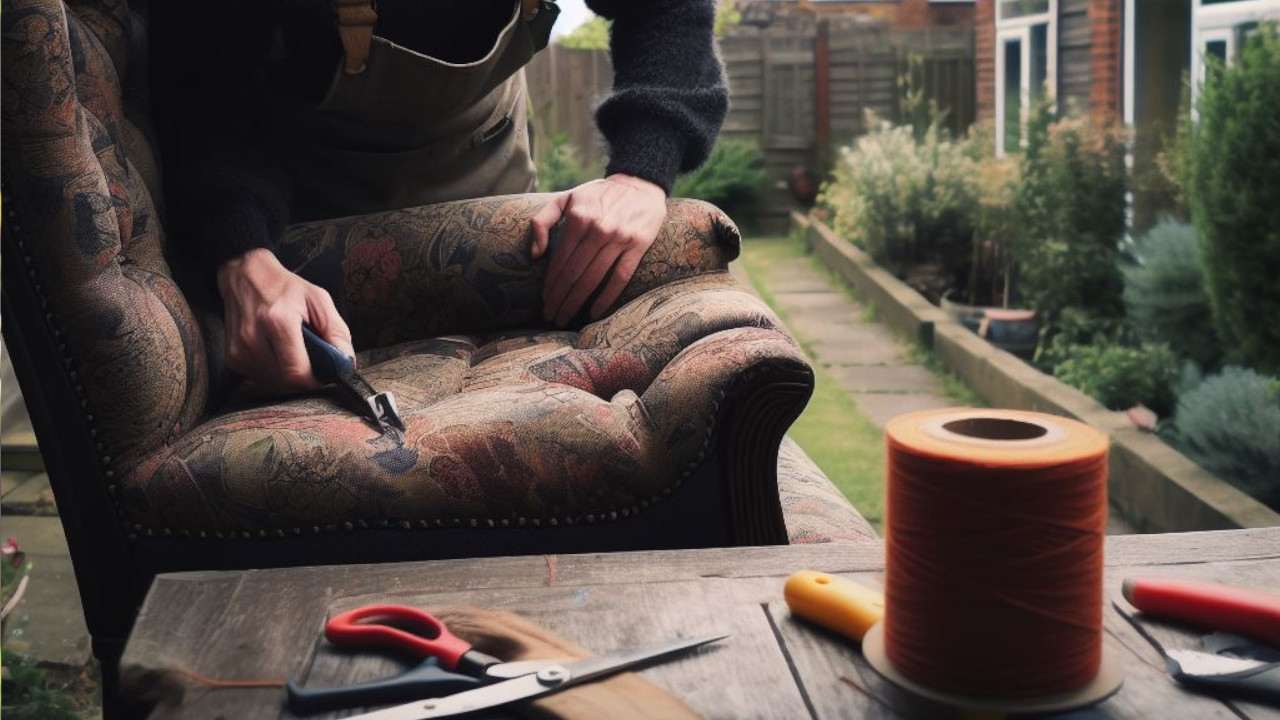 Fixing a chair seat cover in the back garden