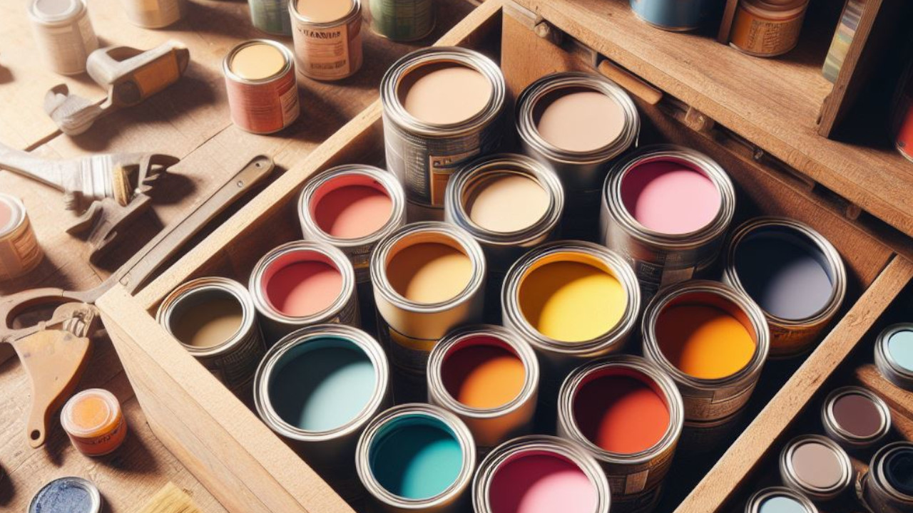 Open tins of paint in a box