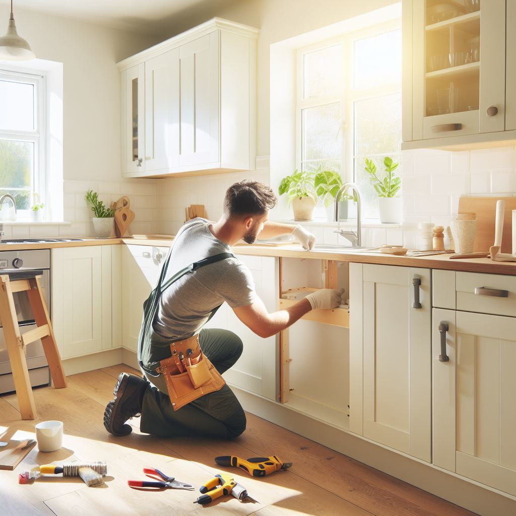 A person fitting new kitchen cupboards