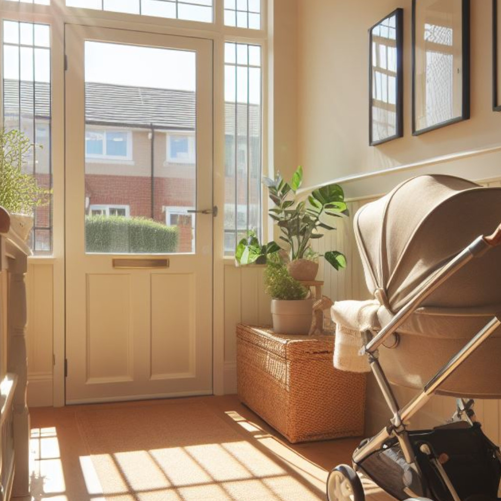 Beige hallway with pram