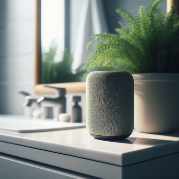 Blueetoth speaker on a bathroom shelf