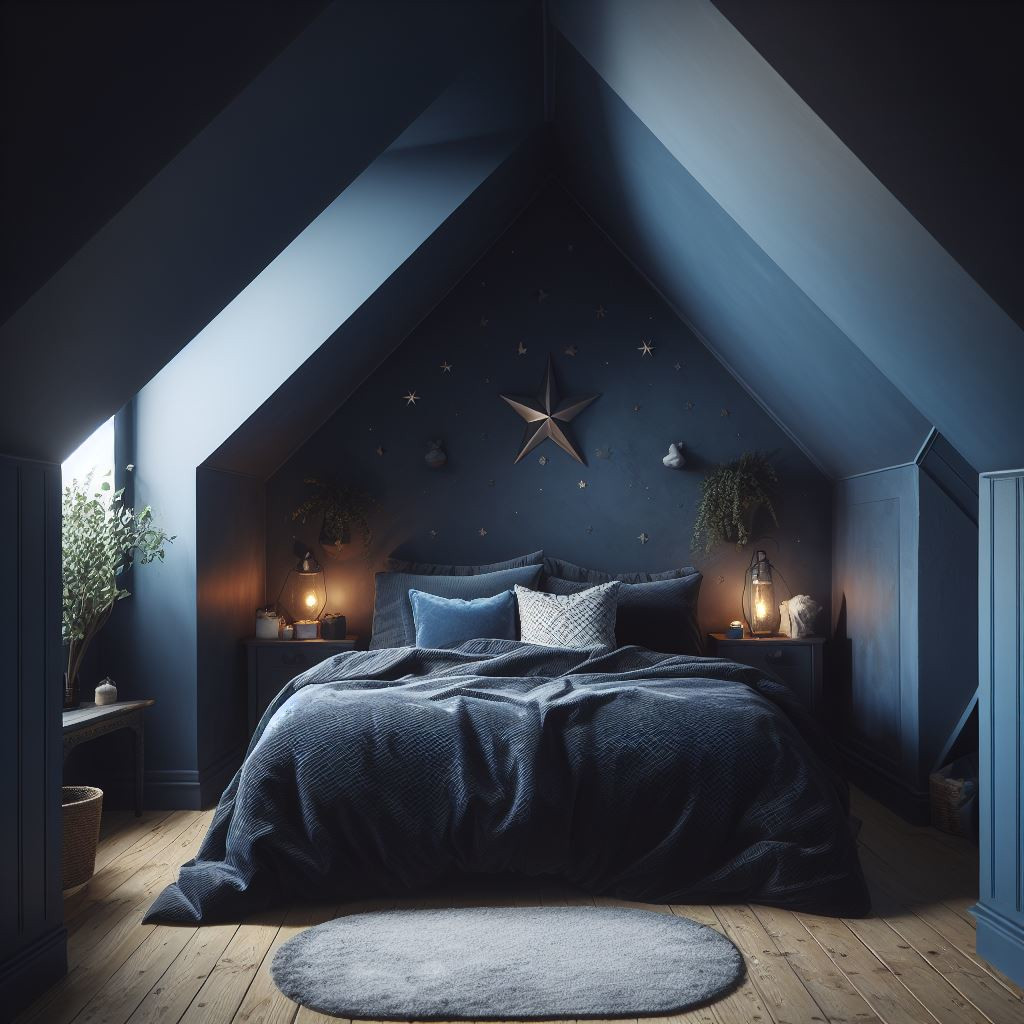 Cosy navy blue attic room
