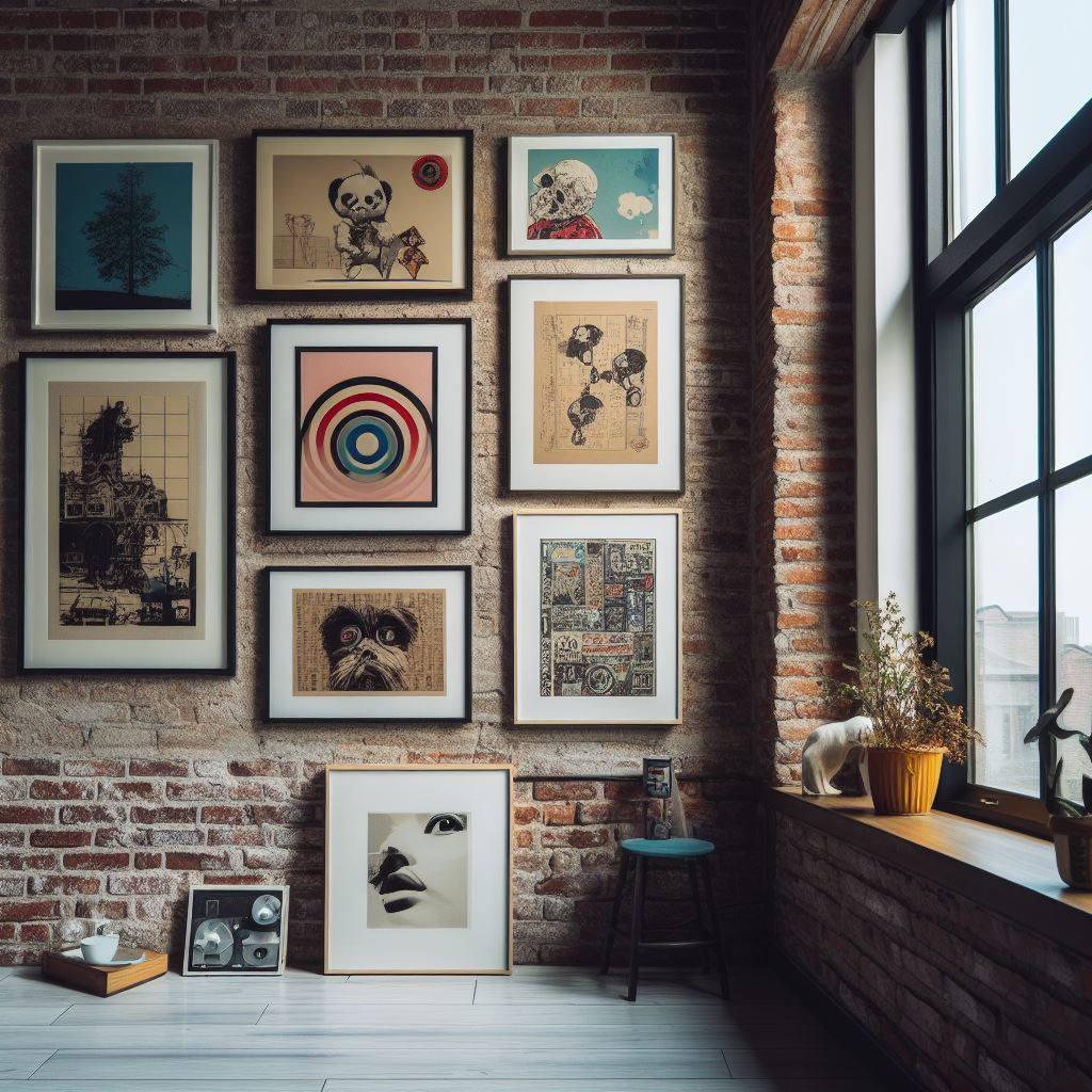 Various pieces of artwork on wall beside a window