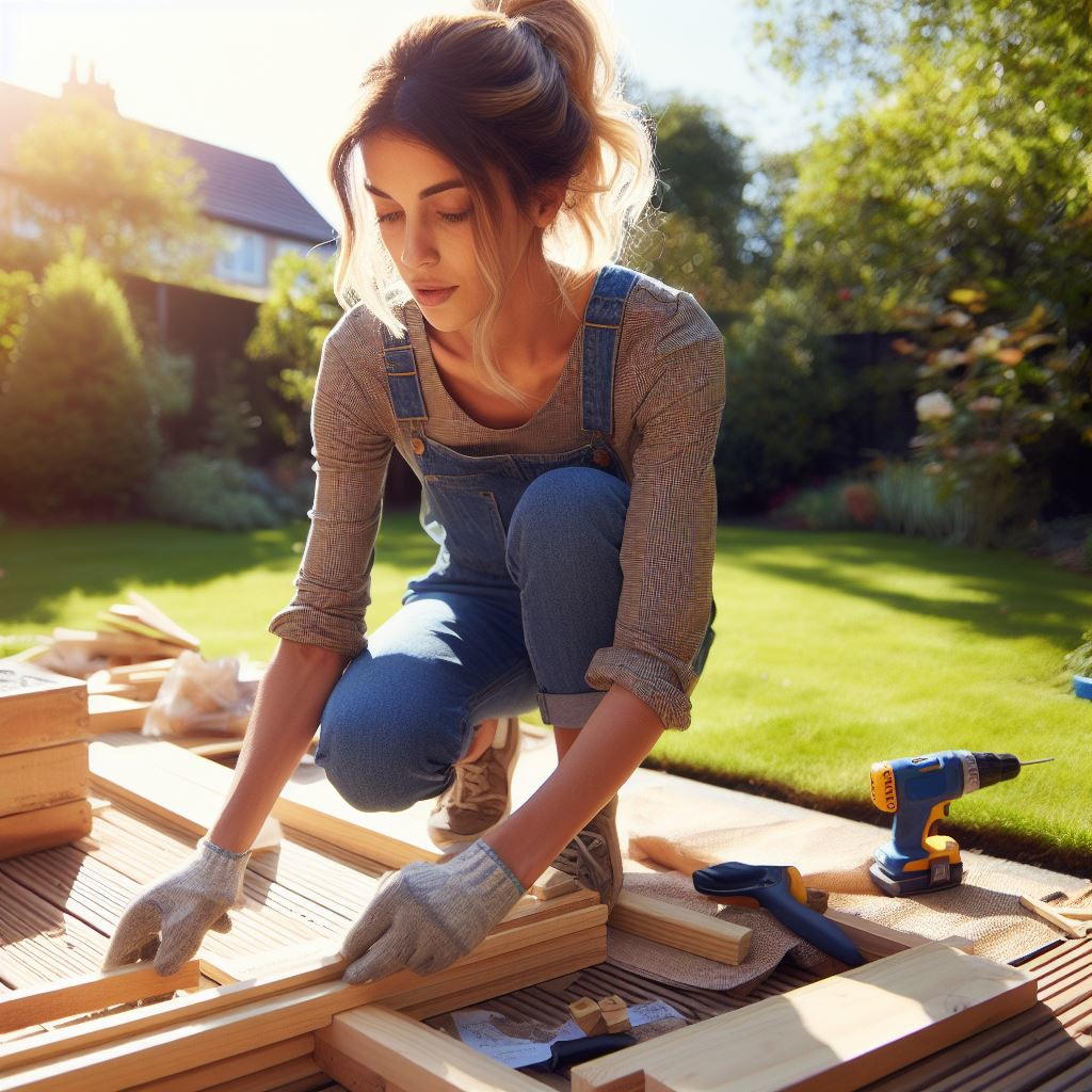 A person laying decking in the back garden wearing gloves