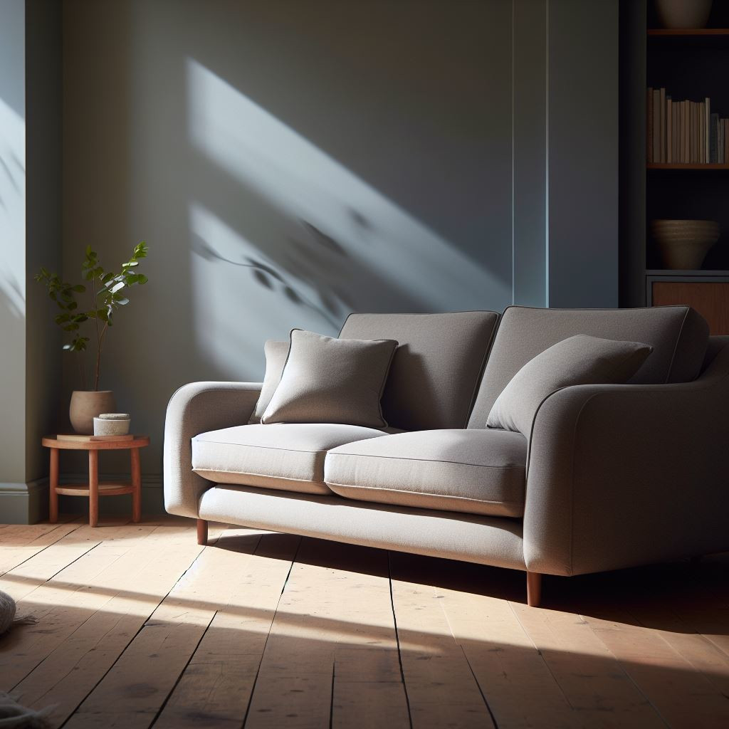Taupe sofa on wooden floor