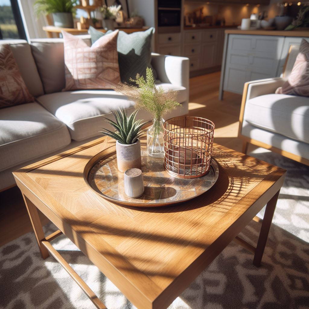 Wooden coffe table with plants and metal bowl