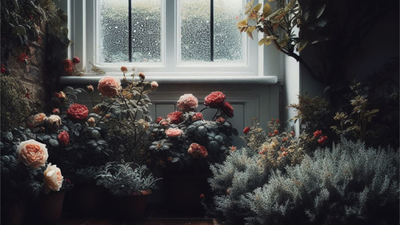 Roses and pot plants in an outhouse by a window in the rain.