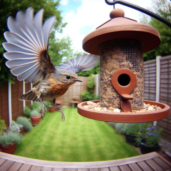 Bird flying away from bird feeder
