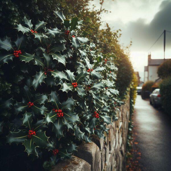 Holly bushes against a wall