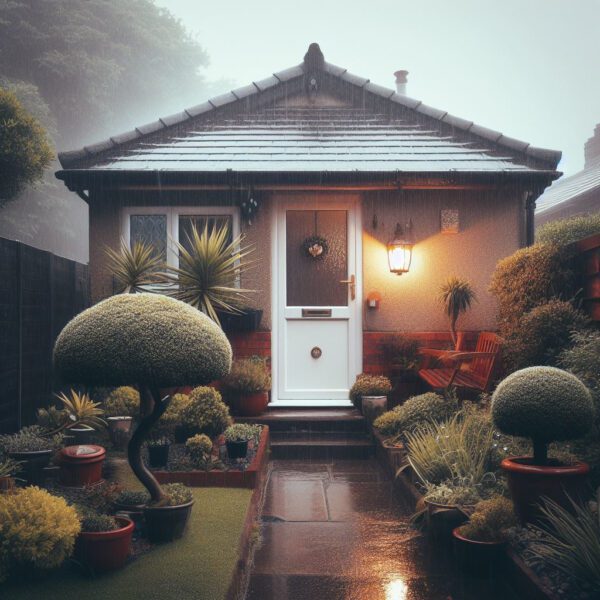 Pot plants and the light by the front door of the granny flat