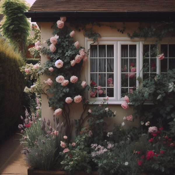 Rose bush next to front window