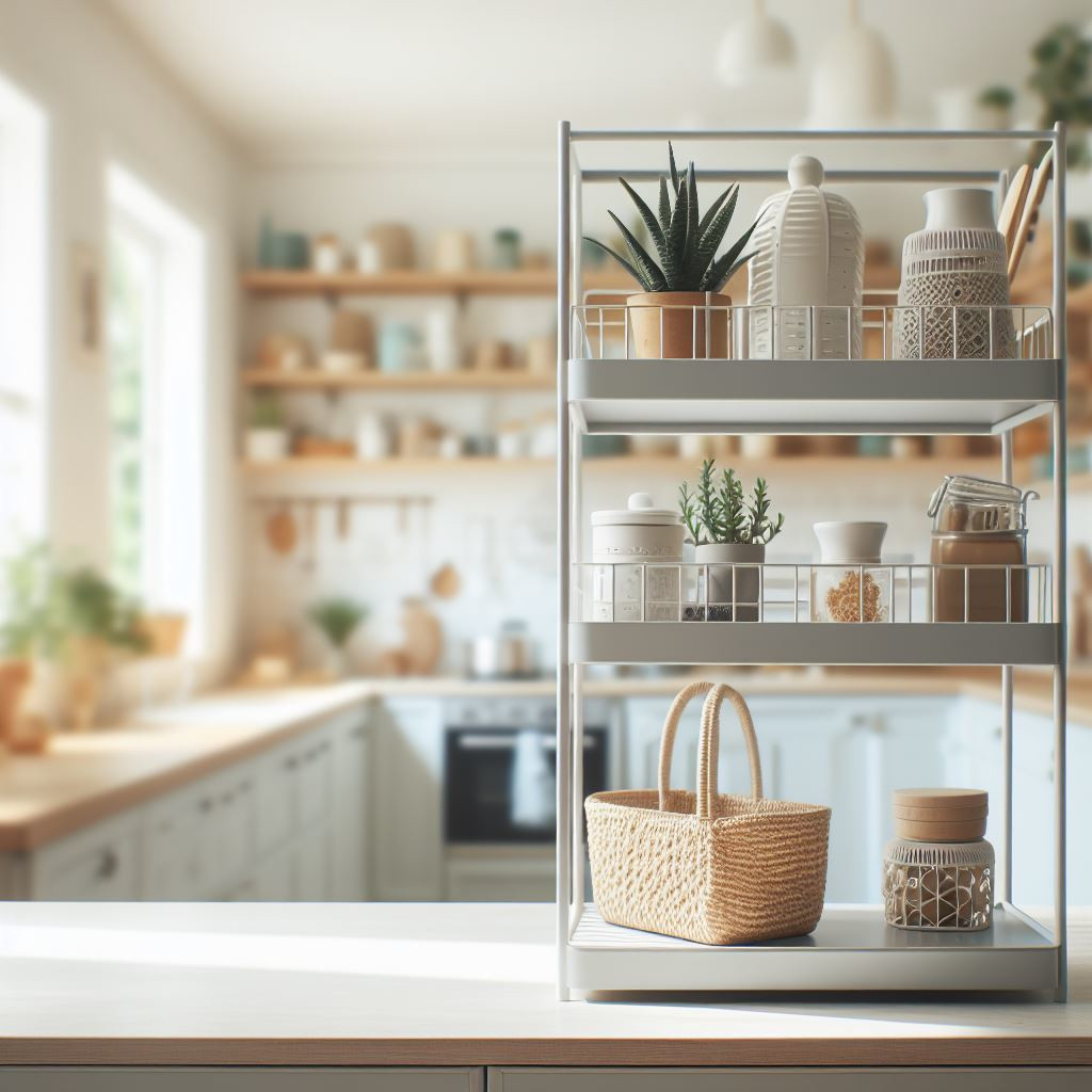 A shelf organiser on a kitchen worktop