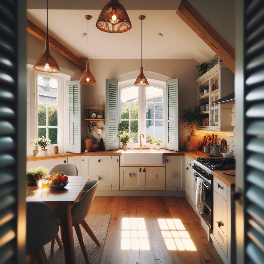 A kitchen with window shutters