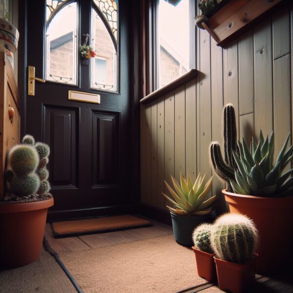 Cacti and yuccas by front door